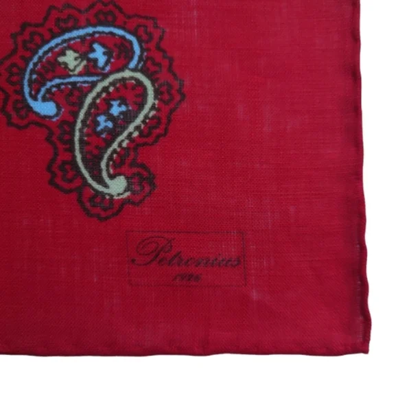 Petronius 1926 Paisley Design Linen Pocket Square Red Background